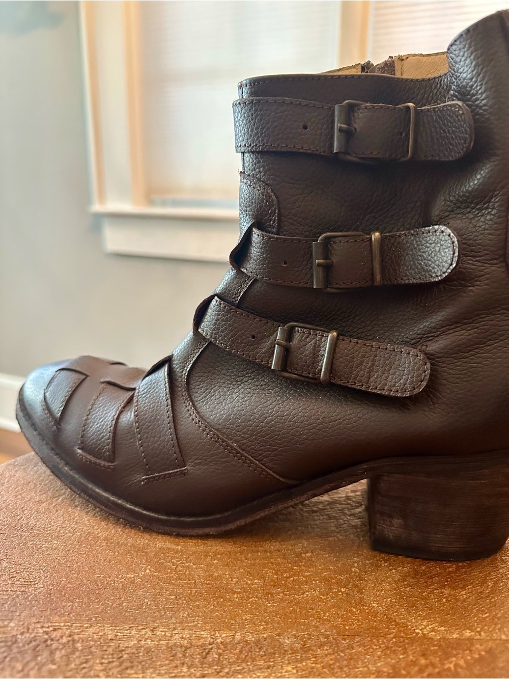 Anthropologie Farylrobin Lammi Brown Leather Ankle Booties with Buckle Detail